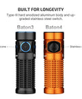 Comparison of Baton4 Rechargeable EDC Flashlight With 1300 Lumens in bright orange and Baton3 model, both featuring textured grip.