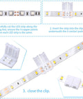40 Pieces 8mm 2 Pin LED Strip Connectors Set With L Shape T Shape Gapless Solderless Adapters For 3528 2835 RGB LED Strips DIY Friendly Easy Plug And Play Extension showing installation steps