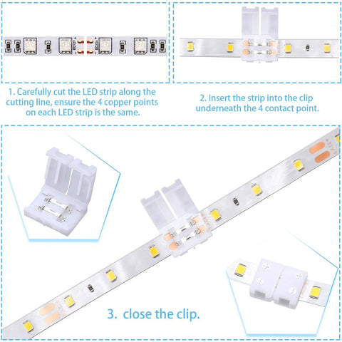 40 Pieces 8mm 2 Pin LED Strip Connectors Set With L Shape T Shape Gapless Solderless Adapters For 3528 2835 RGB LED Strips DIY Friendly Easy Plug And Play Extension showing installation steps
