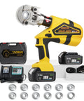 Heavy Duty Rechargeable Electric Wire Crimping Tool With Rotating Swivel Jaw And Complete Mold Kit Battery Powered, with batteries and case.