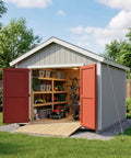 Heavy Duty Shed Anchor Kit 30 Inch Ground Anchors Screw In 2 Pack securing a garden shed in a backyard, showing red doors open