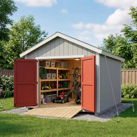 Heavy Duty Shed Anchor Kit 30 Inch Ground Anchors Screw In 2 Pack securing a garden shed in a backyard, showing red doors open