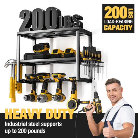 Heavy Duty Power Tool Organizer Wall Mount Cordless Drill Hanger Storage Rack Battery Tools Holder With Charging Station Shelf For Garage Organization Workshop Pegboard Shed 16 Inch 4 Slots