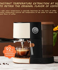 Quiet Compact Electric Coffee Machine Automatic Espresso Maker With Milk Frother brewing espresso at 92°C with clear cup.