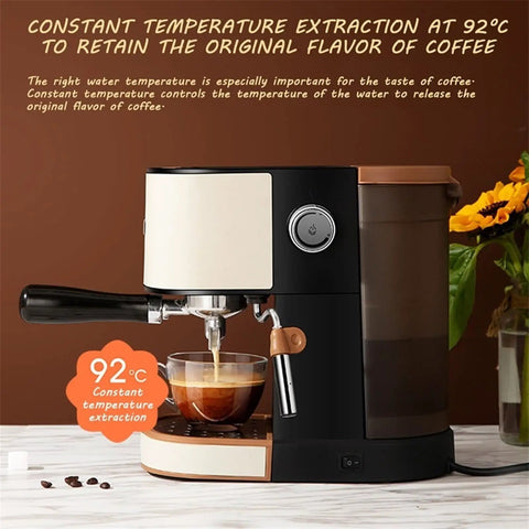 Quiet Compact Electric Coffee Machine Automatic Espresso Maker With Milk Frother brewing espresso at 92°C with clear cup.