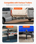 VEVOR trailer jack; 2500 lb capacity, bolt-on swivel, ergonomic handle, shown on camping, yacht, and utility trailers.