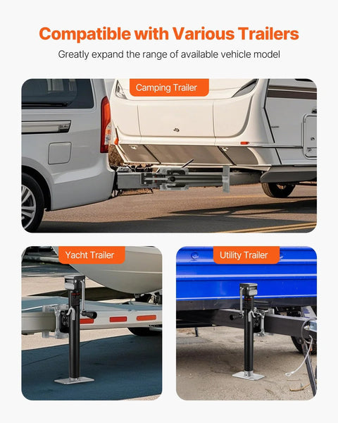 VEVOR trailer jack; 2500 lb capacity, bolt-on swivel, ergonomic handle, shown on camping, yacht, and utility trailers.