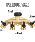4 Way Heavy Duty Brass Garden Hose Splitter For 3/4 Inch Hoses, No Nonsense Water Faucet Splitter With 4 Valves, Rubber Washers And Teflon Tape, Arthritis Friendly Top Connection, Built Tough Yard Hose Connector For Quick Setup, product size diagram