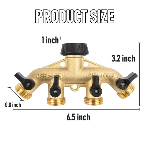 4 Way Heavy Duty Brass Garden Hose Splitter For 3/4 Inch Hoses, No Nonsense Water Faucet Splitter With 4 Valves, Rubber Washers And Teflon Tape, Arthritis Friendly Top Connection, Built Tough Yard Hose Connector For Quick Setup, product size diagram