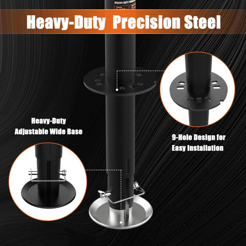 A-frame trailer jack in black steel with adjustable drop leg, 9-hole base, and 30in lift.