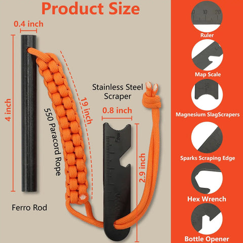 Four Inch Long Ferro Rod Fire Starter Kit With Orange Paracord Lanyard Handle And Striker Three Eighths Inch Thick Quick Start Fire Ignition For Camping Hiking Bushcraft Survival Prep Easter Basket Stuffer product dimensions and features