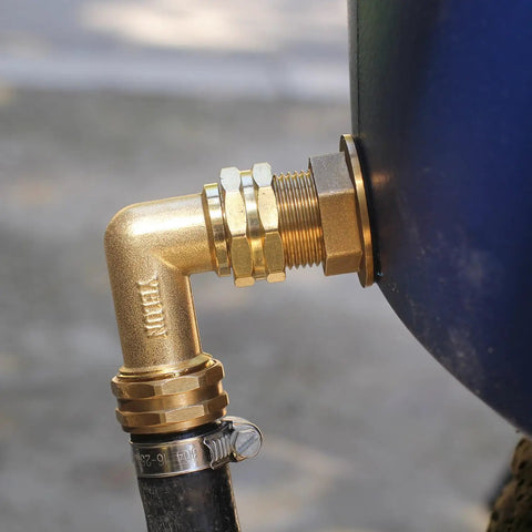 Solid Brass 90 Degree Hose Elbow Connector Set, 3/4 FHT To 3/4 MHT, Reduces Stress On RV Water Intake, No Leaks, Durable Rustproof Fittings, Includes 2 Brass Elbows And 2 Washers, Easy To Install brass elbow attached to RV water inlet and hose