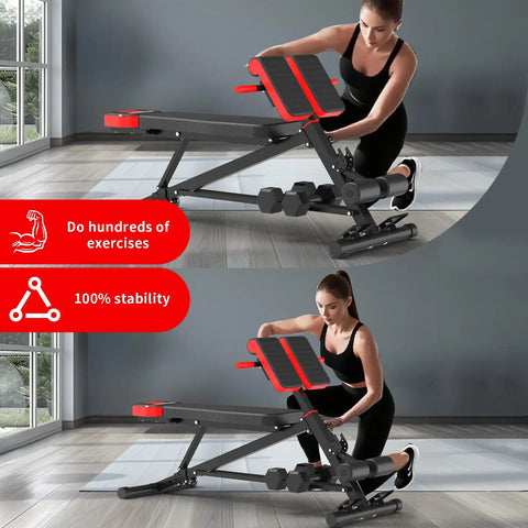 Woman adjusting Adjustable Weight Bench For Home Gym And Roman Chair, 500 Lb Capacity, Decline Or Flat Bench, Heavy Duty Steel Frame