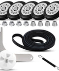 Upgraded Five-Wheel Dryer Repair Kit with Ball Bearing Rollers, Belt, Idler Pulley and Spring, components laid out