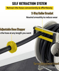 Close-up of Heavy Duty 50 Ft Retractable Fuel Hose Reel With Auto Refueling Gun For Diesel And Gasoline Transfer showing adjustable hose stopper.