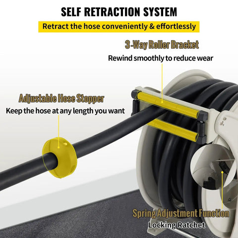 Smooth Operator Heavy Duty Self Retracting Fuel Hose Reel With Slick Auto Shut Off Gun For Diesel Gas And Water Transfer 50 Foot 1 Inch Gauge showing self-retraction system and adjustable hose stopper.