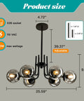 Product dimensions of Six Light Glass Globe Sputnik Chandelier Modern Metal Black Ceiling Light Fixture Semi Flush Mount with E26 bulbs.