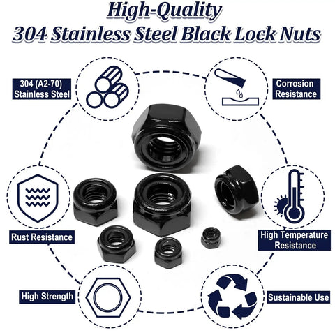 Six black lock nuts in various sizes, displaying features of 180 Pack Black Lock Nuts Assortment Kit M3 Through M12 Nylon Insert Nylock Nuts