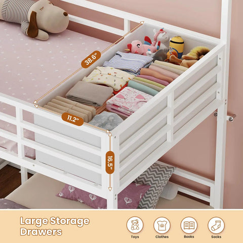 Triple Bunk Bed Space-Saving With House Shape For Kids, storage drawers with toys and clothes, twin over twin over twin.