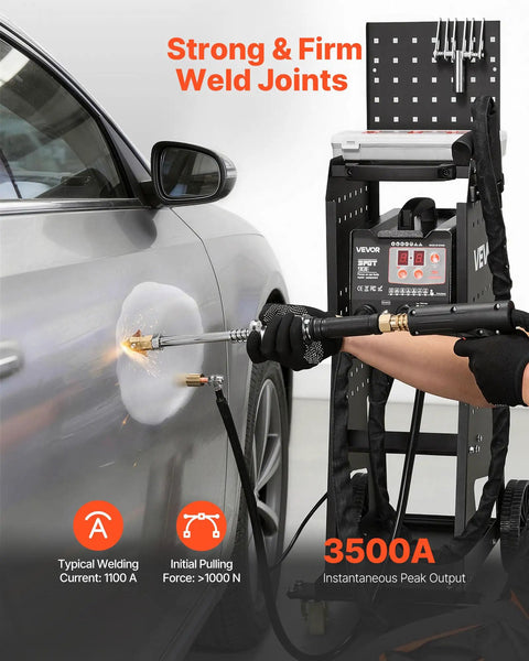 Using a Beefed Up Stud Welder Dent Puller Kit With Welding Cart, 3KW Spot Welder, Twin Guns, 7 Modes, 110V for car dent repair.