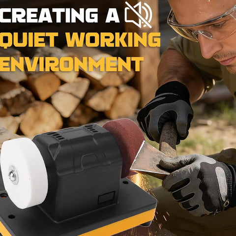 Fafeicy Mini Bench Grinder 3 Inch, Cordless With Variable Speed Control used for sharpening a blade outdoors with wood background.