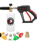 Short Pressure Washer Gun With Foam Cannon And One Quarter Inch Quick Connector Five Nozzle Tips And One Liter Bottle M22 Compatible All Purpose Power Washing Tool For Cars Decks And Driveways with black and red handle, white bottle marked Tool Daily, and five colorful nozzle tips.