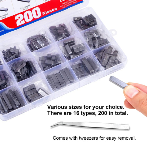 Feather Key Set Kit, 200Pcs Round End Woodruff Key Stock 8mm to 30mm with tweezers in plastic organizer