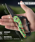 6 In 1 Multitool Carabiner with pocket knife, glass breaker, and bottle opener held in hand; 4.5L stainless steel tool