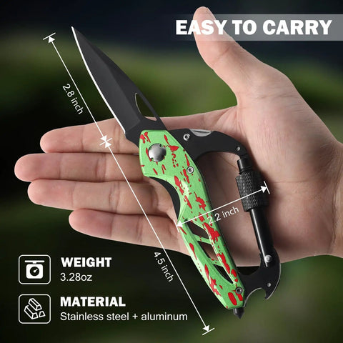 6 In 1 Multitool Carabiner with pocket knife, glass breaker, and bottle opener held in hand; 4.5L stainless steel tool