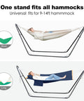 Universal 2 Person Hammock Stand For Outdoor Use Adjustable Double Heavy Duty Powder Coated Steel Frame 600 Lbs Capacity Fits 9 To 14 Feet Hammocks Easy Setup And Stable With A Universal V Type Design holding two hammocks with people lounging on them.