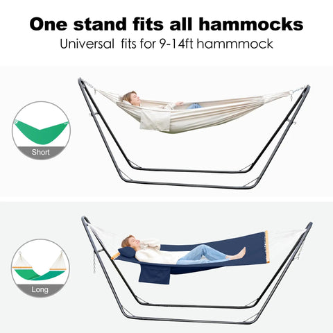 Universal 2 Person Hammock Stand For Outdoor Use Adjustable Double Heavy Duty Powder Coated Steel Frame 600 Lbs Capacity Fits 9 To 14 Feet Hammocks Easy Setup And Stable With A Universal V Type Design holding two hammocks with people lounging on them.