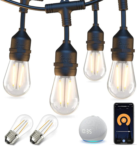 Smart Outdoor String Lights 123 Ft With 40 Dimmable Edison Bulbs IP65 Weatherproof WiFi App Control and Alexa Compatible
