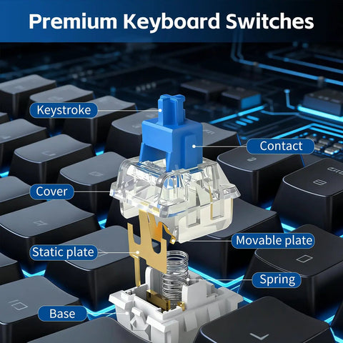 Blue 30 Pack Mechanical Keyboard Switches 3 Pin Dustproof Clicky Tactile For Gaming And Typing DIY Build Kits For Custom Keyboards And 3D Printing Projects, exploded view