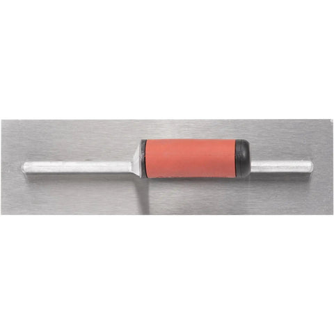Top view of QLT Concrete Finishing Trowel With Soft Grip Handle For A Smooth Cement Finish, 14 by 4 inch carbon steel blade, pro grade.