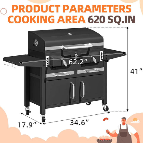 Two Independent Charcoal Grillin Zones With An Oversized 620 Square Inch Cooking Area Storage Cabinet Individual Lifting Charcoal Trays Foldable Side Tables And Built In Thermometer For Outdoor Patio Balcony