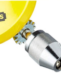 Close-up of the chuck and gear of a Beefy Hand Drill With One Quarter Inch Chuck, All Steel Frame And Nickel Finish