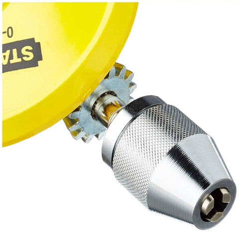 Close-up of the chuck and gear of a Beefy Hand Drill With One Quarter Inch Chuck, All Steel Frame And Nickel Finish
