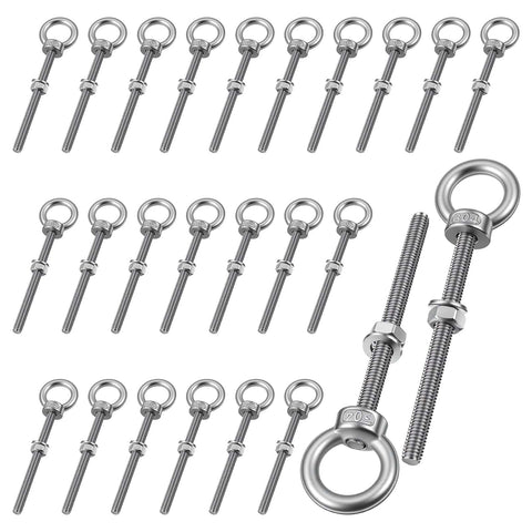 25 Pack Stainless Steel Marine Grade Eye Bolts One Quarter By Three Point Five Four Inch Threaded Eyebolts With Nuts And Washers