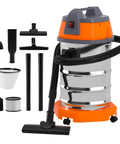 Heavy Duty Wet Dry Vacuum 10 Gallon With 8 Peak HP Monster Suction Power, stainless steel, swivel wheels, attachments visible
