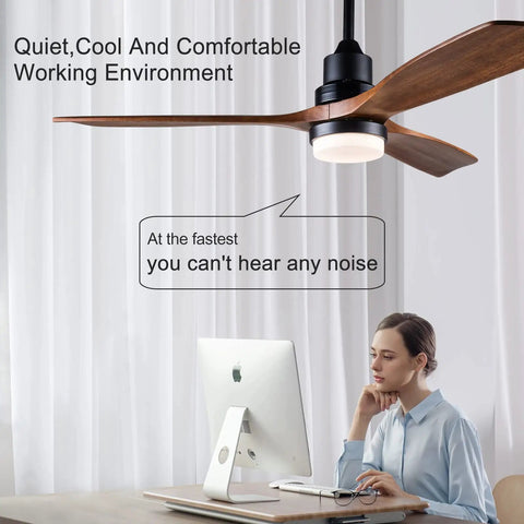 52 Inch Outdoor Ceiling Fan With Lights And Remote Control, Black Ceiling Fan With Wood Blades, Office Setting, Quiet Operation