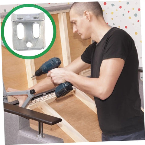 Person using drill to install thickened sofa spring clips, highlighting 100 piece set for quick couch fixes and upholstery support.