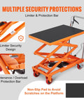 Heavy Duty Portable Hydraulic Lift Table Cart With 330lbs Capacity 50in Scissor Jack Design showing non-slip pad and limiter security features.