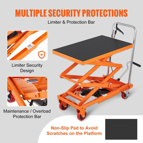 Heavy Duty Portable Hydraulic Lift Table Cart With 330lbs Capacity 50in Scissor Jack Design showing non-slip pad and limiter security features.