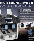 Hustle Ready Money Counter For Fast Cash Counting And Effortless Mixed Bill Sorting With Trusted Multi Currency Scanning And No Stress Commercial Performance showing control panel and connections for data management.