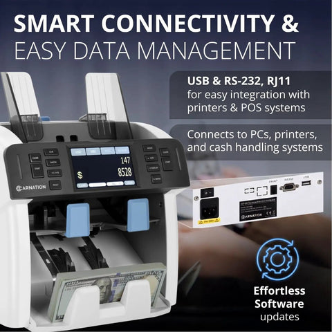 Hustle Ready Money Counter For Fast Cash Counting And Effortless Mixed Bill Sorting With Trusted Multi Currency Scanning And No Stress Commercial Performance showing control panel and connections for data management.