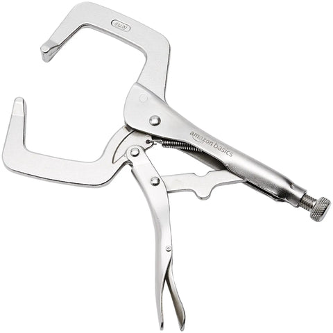 6-inch C clamp locking pliers with beefy grip, nickel plated alloy steel, and screw adjustable jaws for bulky or odd shaped objects.