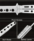 Close-up of Butterfly Training Set Duo Dope Metal Flipping Tools showing pivot screws, dull blade, and safety latch.