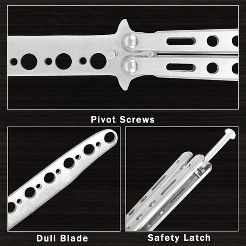 Close-up of Butterfly Training Set Duo Dope Metal Flipping Tools showing pivot screws, dull blade, and safety latch.