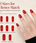 Semi Cured Gel Nail Strips Kit With 2 Packs Including 8 Sizes for different finger widths in classic red on hand