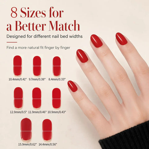 Semi Cured Gel Nail Strips Kit With 2 Packs Including 8 Sizes for different finger widths in classic red on hand
